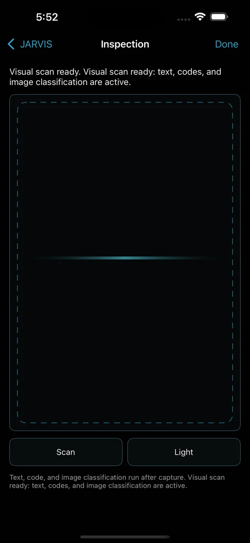 JARVIS XR inspection screen: an empty dashed scan frame above Scan and Light buttons