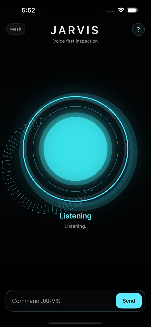 The same screen labeled Listening, the cyan ring now ringed by an arc of radial tick marks