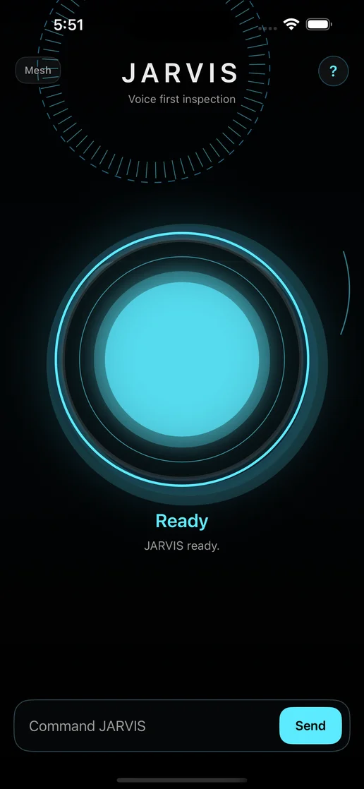 Dark JARVIS XR screen: a bright cyan status ring labeled Ready, above a Command JARVIS field
